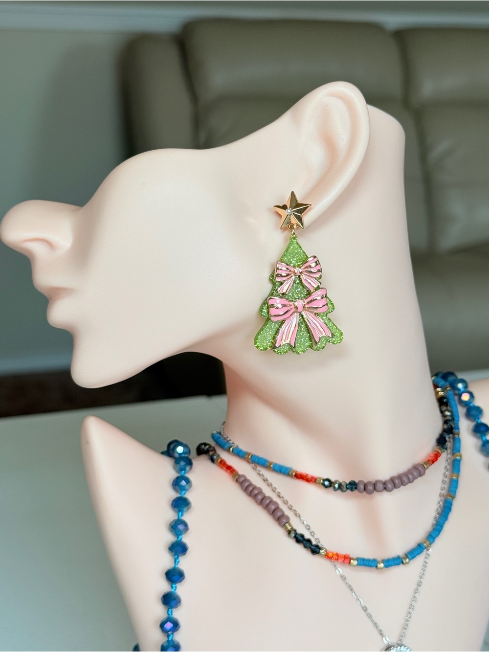 Festive Green & Pink Christmas Tree Drop Earrings - Holiday Statement Jewelry